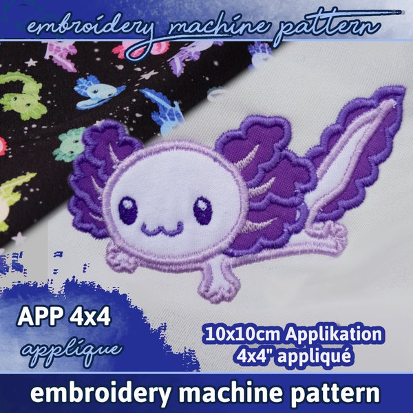 Applique PATTERN 4x4 / 10x10 axolotl embroidery