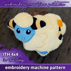 May include: A plush sheep embroidery machine pattern with a light yellow body, blue face, and black and yellow accents. The text "embroidery machine pattern" and "ITH 4x4 in the hoop" are visible.