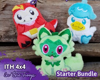 May include: A set of three plush toy embroidery patterns, featuring a red dinosaur, a green cat, and a white duck. The patterns are designed for 4x4 inch embroidery hoops and are labeled as a "Starter Bundle".