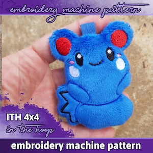 May include: Blue plush toy in the shape of a cartoon frog with red ears and white eyes. The toy is being held in a hand. The text "ITH 4x4 in the hoop" is visible in the lower left corner of the image. The text "embroidery machine pattern" is visible at the top and bottom of the image.