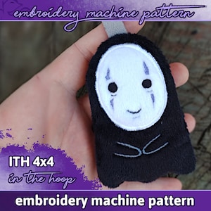 May include: A black and white embroidery machine pattern of a No Face character from the movie Spirited Away. The pattern is designed for a 4x4 inch hoop and is labeled "ITH 4x4 in the hoop embroidery machine pattern".