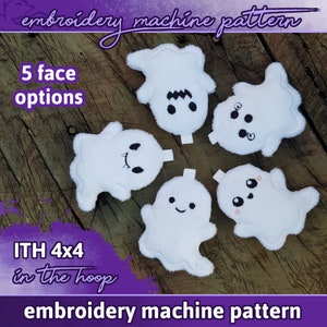 May include: A collection of five white plush ghost embroidery patterns, each with a unique facial expression. The image includes the text "embroidery machine pattern", and "ITH 4x4 in the hoop".
