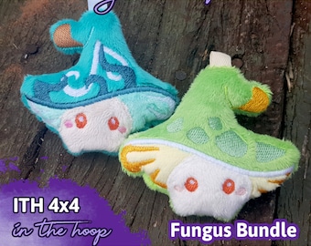 May include: Two plush mushroom toys, one green and one blue, with embroidered details. The toys are on a wooden surface. The text "ITH 4x4 in the hoop" and "Fungus Bundle" are visible below the toys. The text "embroidery machine pattern" is visible at the top and bottom of the image.