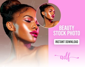 Black Beauty Model Stock Photo: Hair, Makeup, Skincare (JPEG Instant Download)