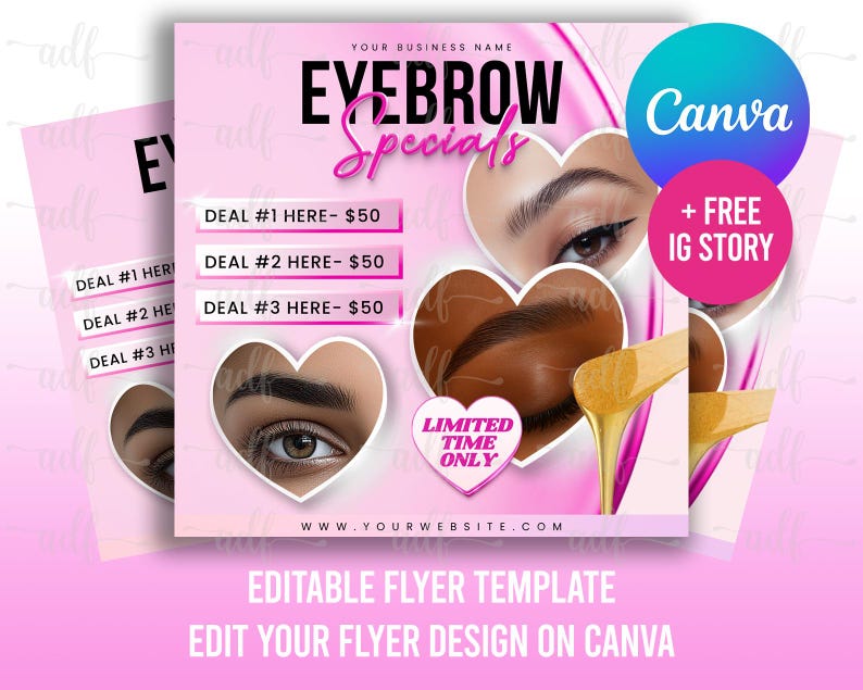Może przedstawiać: R&oacute;żowa ulotka z napisem "EYEBROW Specials" i "EDITABLE FLYER TEMPLATE". Zawiera zdjęcia brwi, logo Canva i szczeg&oacute;ły ofert. Idealna dla usług kosmetycznych.