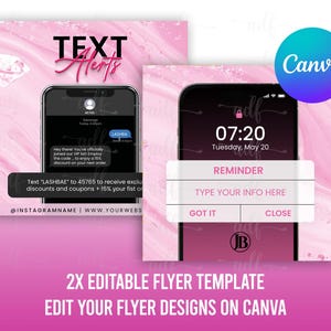 2x modèle d'alertes textuelles modifiables, flyer de notification texte, modèle canva, flyer commercial Lash, flyer d'inscription, flyer beauté