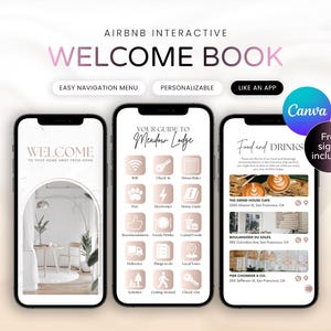 Könnte beinhalten: Ein interaktives Airbnb-Willkommensbuch, das auf drei Smartphones angezeigt wird. Die Bildschirme zeigen eine Willkommensnachricht, einen Leitfaden für die Meadow Lodge und einen Bereich für Speisen und Getränke. Das Design enthält den Text "WELCOME BOOK", "EASY NAVIGATION MENU" und "PERSONNALISABLE".
