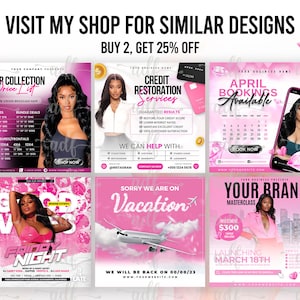 Peut inclure: Une collection de graphiques de m&eacute;dias sociaux roses et noirs pour un salon de coiffure, des services de restauration de cr&eacute;dit, des r&eacute;servations de rendez-vous, un &eacute;v&eacute;nement du vendredi soir, un avis de vacances et une masterclass de marque. Les graphiques pr&eacute;sentent des images de femmes et du texte.