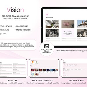 May include: A computer screen displaying a website with a pink background and the word "Vision" in a large, bold font. The website features a vision board, dream life, books and movie list, and mood tracker sections. The website is designed to help users set clear goals and manifest their ideal life.