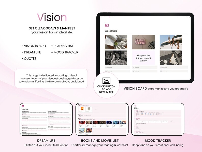 May include: A computer screen displaying a website with a pink background and the word "Vision" in a large, bold font. The website features a vision board, dream life, books and movie list, and mood tracker sections. The website is designed to help users set clear goals and manifest their ideal life.