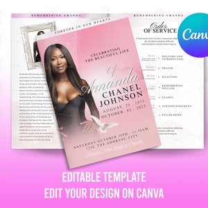 8.5&quot;x 11&quot; PINK Obituary Template, 4 Pages, In Loving Memory Pink Style Funeral Program, Celebration of Life, Canva Editable