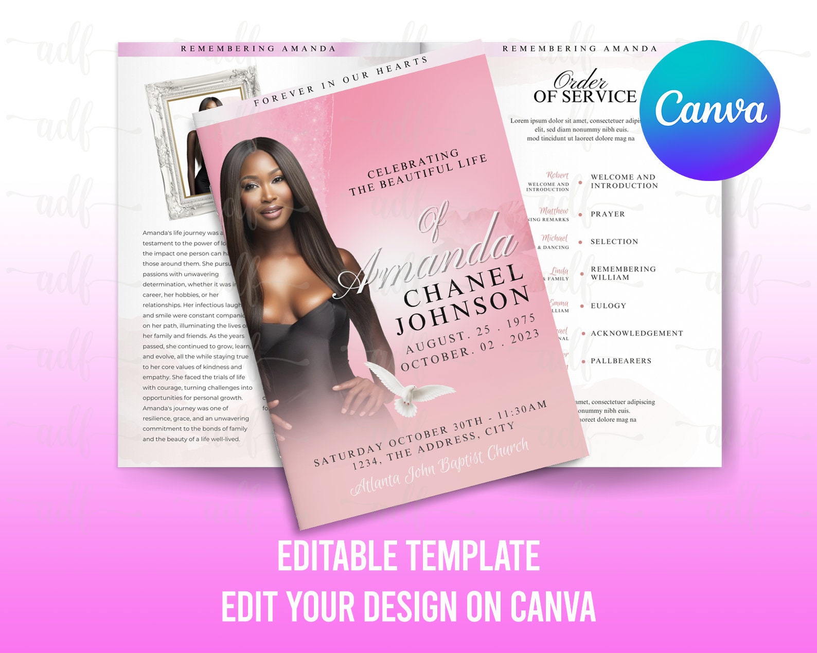 8.5"x 11" PINK Obituary Template, 4 Pages, In Loving Memory Pink Style Funeral Program, Celebration of Life, Canva Editable