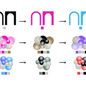 Puede incluir: Se muestra un proceso de dise&ntilde;o gr&aacute;fico en tres pasos. El primer paso muestra un contorno negro de dos arcos. El segundo paso muestra los arcos en rosa. El tercer paso muestra los arcos en azul. La segunda fila muestra un grupo de globos en rosa, blanco y marr&oacute;n. La tercera fila muestra un grupo de globos en azul, blanco y gris. La cuarta fila muestra un grupo de globos en rojo, blanco y negro.