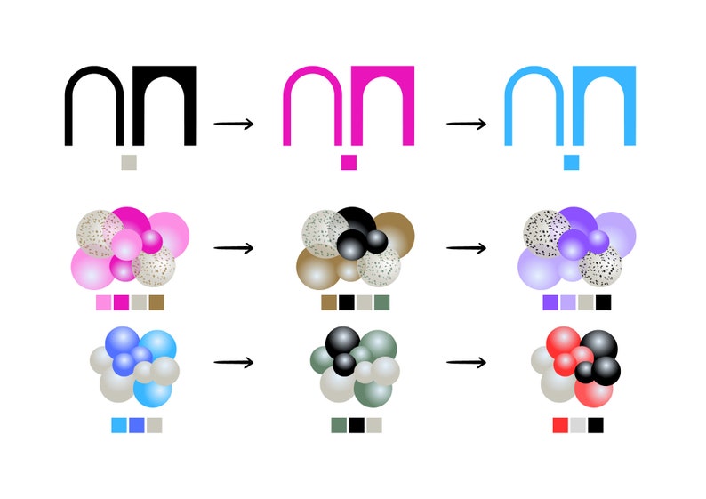 Puede incluir: Se muestra un proceso de dise&ntilde;o gr&aacute;fico en tres pasos. El primer paso muestra un contorno negro de dos arcos. El segundo paso muestra los arcos en rosa. El tercer paso muestra los arcos en azul. La segunda fila muestra un grupo de globos en rosa, blanco y marr&oacute;n. La tercera fila muestra un grupo de globos en azul, blanco y gris. La cuarta fila muestra un grupo de globos en rojo, blanco y negro.