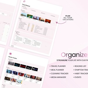 May include: A screenshot of a website with the text "Organize" and "Streamline your life with our pages."  The website features a variety of digital planners, including a travel planner, meal planner, cleaning tracker, media manager, reading list, symptom tracker, habit tracker, and events planner.