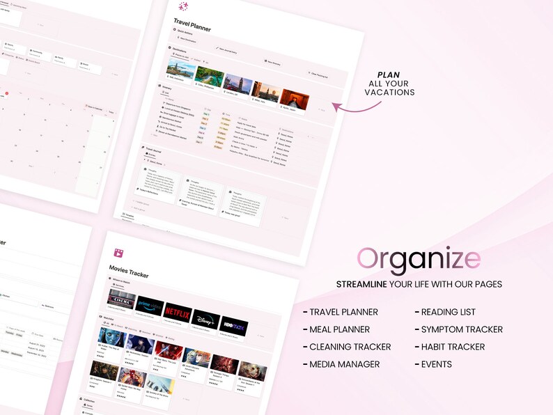 May include: A screenshot of a website with the text "Organize" and "Streamline your life with our pages."  The website features a variety of digital planners, including a travel planner, meal planner, cleaning tracker, media manager, reading list, symptom tracker, habit tracker, and events planner.