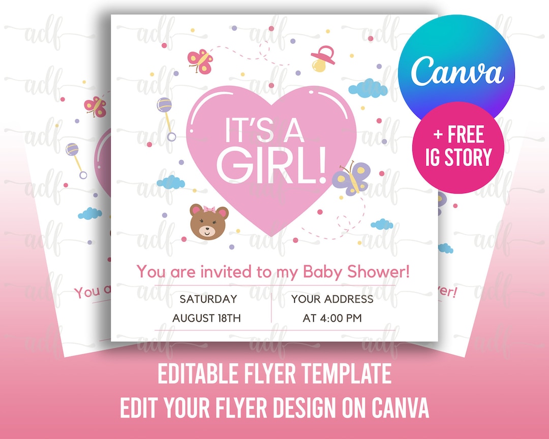 BABY SHOWER FLYER, Gender Reveal Canva, Its a Girl Flyer, Gender Reveal
