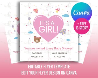 BABY SHOWER FLYER, Gender Reveal Canva, Its a Girl Flyer, Gender Reveal Flyer, Diy Gender Announcement Template, Baby shower invitation