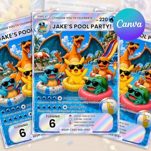 May include: A custom birthday invitation card featuring a holographic finish and a pool party theme. The design displays animated characters wearing sunglasses in swimming pools, with text including JAKE'S POOL PARTY, date, time, and location.