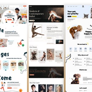 May include: Three website homepages for different businesses. The first is for a kindergarten and features a colorful illustration of children playing. The second is for a ballet school and features a dancer in a white tutu. The third is for a pet care service and features a dog and a cat.