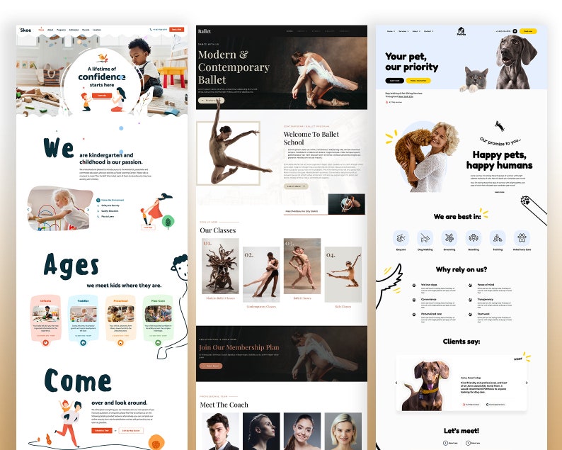 May include: Three website homepages for different businesses. The first is for a kindergarten and features a colorful illustration of children playing. The second is for a ballet school and features a dancer in a white tutu. The third is for a pet care service and features a dog and a cat.