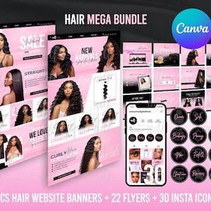 Hair Shopify Website Banner Template Bundle, Hair Banner Design Template, Canva Template, Instagram Posts & Highlights, Premade Banners