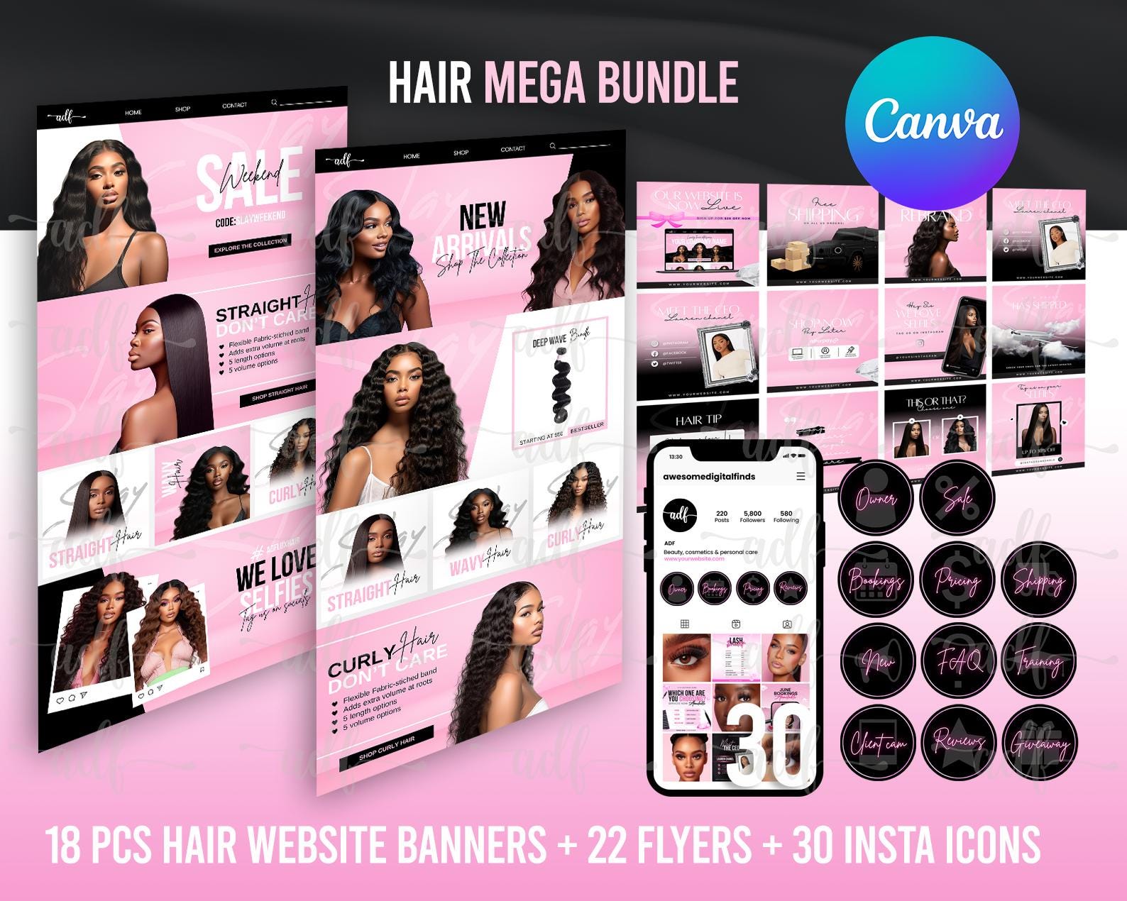 Hair Shopify Website Banner Template Bundle, Hair Banner Design Template, Canva Template, Instagram Posts & Highlights, Premade Banners