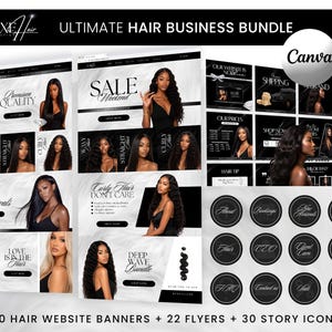 May include: A digital marketing kit titled Ultimate Hair Business Bundle featuring website banners, flyers, and story icons. The black and white design includes images of individuals with various hair textures, promotional text, and circular icons.