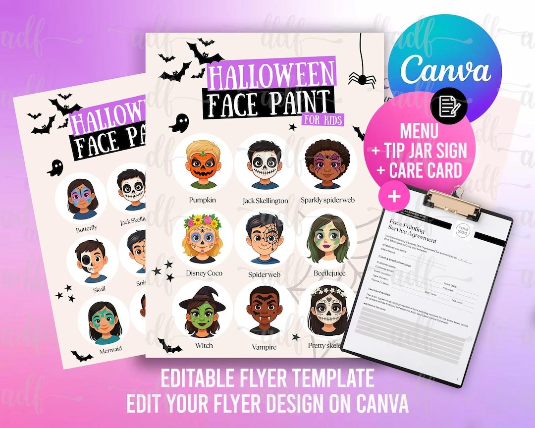Halloween Face Painting Menu & Tip Jar Templates: Canva Editable ...