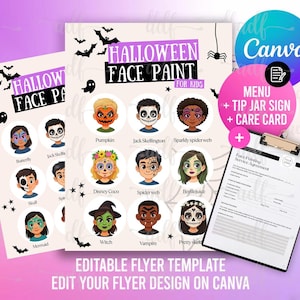 Peut inclure: Modèle de flyer de maquillage d'Halloween pour enfants. La conception comprend des illustrations de divers modèles de maquillage, tels qu'une citrouille, Jack Skellington et une sirène. Le flyer comprend également un menu, un panneau de pourboires et une carte de soins.
