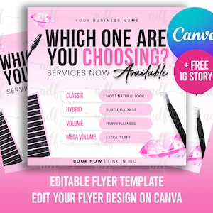 Op de afbeelding: Een roze en witte flyer met een diamantontwerp en tekst die luidt "Welke kies je?" en "Diensten nu beschikbaar". De flyer bevat ook een lijst met wimperverlengingsservices met beschrijvingen, zoals "Classic", "Hybrid", "Volume" en "Mega Volume".