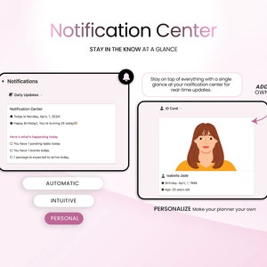 May include: A digital notification center interface with a calendar, tasks, and events. The interface is customizable and allows users to add their own image. The text on the screen reads "Notification Center" and "Stay in the know at a glance".