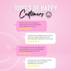 May include: A pink background with a white smiley face and four speech bubbles containing customer reviews. The reviews are positive and mention ease of use, helpful customer service, and the ability to edit the product. The text in the image reads "1000'S OF HAPPY Customers".
