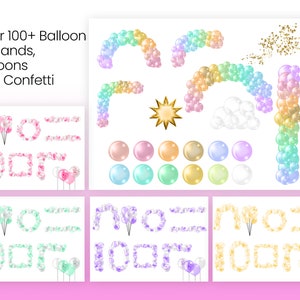 Puede incluir: M&aacute;s de 100 guirnaldas de globos, globos y confeti en varios colores, incluyendo rosa, azul, verde y dorado. Los globos est&aacute;n dispuestos en diferentes formas, incluyendo arcos, letras y n&uacute;meros. Tambi&eacute;n hay un globo en forma de estrella y un globo en forma de nube.