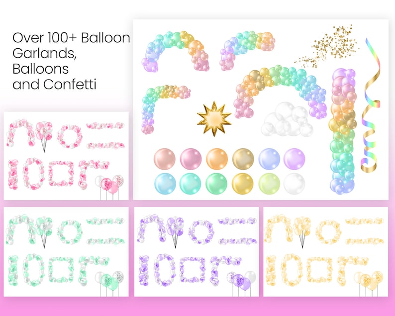 Puede incluir: M&aacute;s de 100 guirnaldas de globos, globos y confeti en varios colores, incluyendo rosa, azul, verde y dorado. Los globos est&aacute;n dispuestos en diferentes formas, incluyendo arcos, letras y n&uacute;meros. Tambi&eacute;n hay un globo en forma de estrella y un globo en forma de nube.