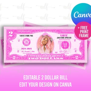 2 Dollar Heimkehr Wahlkampfgeld, Prom Queen, Geldvorlage für Abstimmung, Heimkehr 2 Rechnung, Vote für mich, Wahl, Kampagne, Canva bearbeitbar