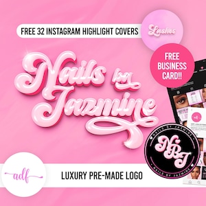 Logotipo de lujo con texto de burbuja para marcas de pestañas, uñas y cabello. Logotipo prediseñado para Instagram con portadas destacadas y tarjeta de presentación GRATIS. Logotipo rosa personalizado.