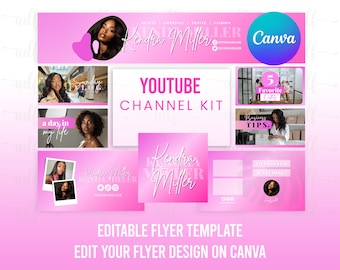 Pink YouTube Branding Kit: Canva Banner Template (Digital Download)