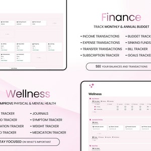 May include: A pink and white digital interface with the word "Finance" in a large, bold font. The interface is divided into two sections, one for tracking finances and the other for tracking wellness. The finance section includes features for tracking income, expenses, transfers, subscriptions, budgets, sinking funds, bills, and goals. The wellness section includes features for tracking sleep, periods, hydration, mood, journals, symptoms, weight, and medication.