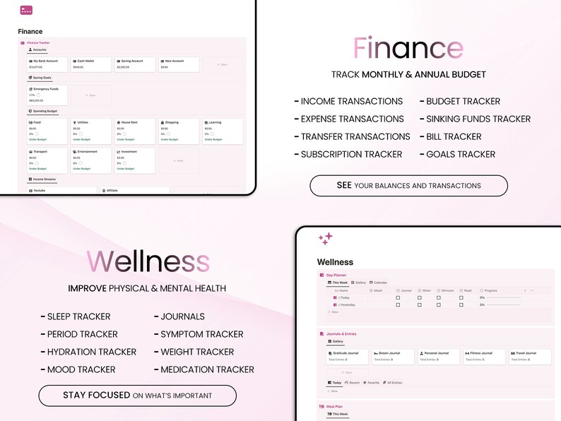 May include: A pink and white digital interface with the word "Finance" in a large, bold font. The interface is divided into two sections, one for tracking finances and the other for tracking wellness. The finance section includes features for tracking income, expenses, transfers, subscriptions, budgets, sinking funds, bills, and goals. The wellness section includes features for tracking sleep, periods, hydration, mood, journals, symptoms, weight, and medication.