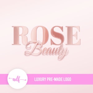 May include: Rose Beauty logo with a pink, metallic, 3D effect. The text is in a serif font with a glossy finish.