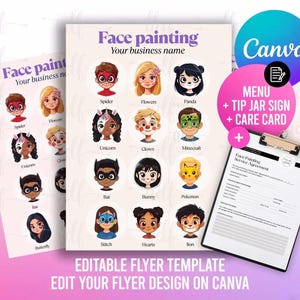 Może przedstawiać: Szablon menu malowania twarzy z ilustracjami twarzy dzieci pomalowanych na różne postacie, w tym pająka, pandę i jednorożca. Projekt zawiera logo Canva, menu, znak na słoik z napiwkami, kartę pielęgnacyjną i umowę serwisową.