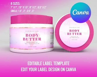 BODY PRODUCT Jar label, DIY Wrap Around label + Lid Labels, canva template, editable body butter cream design, multiple label sizes, candle
