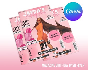 May include: A pink and black magazine cover with the text "JAYDA'S Birthday Bash" and "The 19th of June 6PM-11PM". The cover features a woman wearing a bright orange dress and sunglasses. The magazine cover is a birthday party invitation.