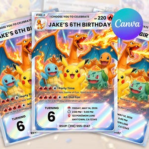 Pokemon Birthday Invitation, Editable Canva Template, Pokemon Card Invite, Pikachu Charizard Party, Digital Download