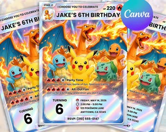 Invito di compleanno a tema Pokémon, modello Canva modificabile, invito con cartolina Pokémon, festa a tema Pikachu e Charizard, download digitale.