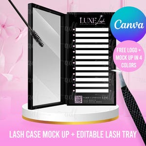 May include: A black lash case mock-up with a mirror and lash tray, featuring the text "LUXE Lash Collection". A pair of tweezers and a lash wand are positioned near the case. The image also includes the text "Canva" and "FREE LOGO + MOCK UP IN 4 COLORS".