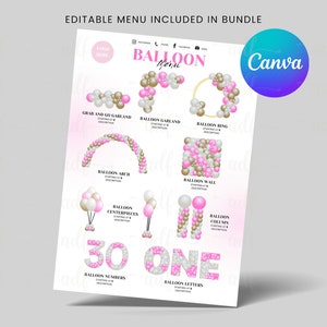 Puede incluir: Un men&uacute; imprimible para decoraciones de globos. El men&uacute; incluye im&aacute;genes de diferentes arreglos de globos, como guirnaldas, arcos, centros de mesa, columnas y letras. El texto del men&uacute; incluye "Balloon Menu", "Grab and Go Garland", "Balloon Garland", "Balloon Ring", "Balloon Arch", "Balloon Wall", "Balloon Centerpieces", "Balloon Column", "Balloon Numbers", y "Balloon Letters".