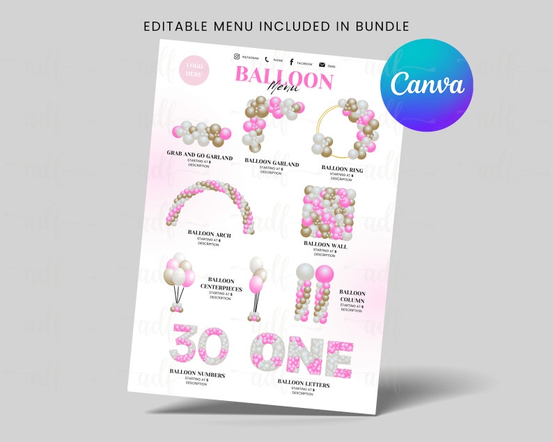 Puede incluir: Un men&uacute; imprimible para decoraciones de globos. El men&uacute; incluye im&aacute;genes de diferentes arreglos de globos, como guirnaldas, arcos, centros de mesa, columnas y letras. El texto del men&uacute; incluye "Balloon Menu", "Grab and Go Garland", "Balloon Garland", "Balloon Ring", "Balloon Arch", "Balloon Wall", "Balloon Centerpieces", "Balloon Column", "Balloon Numbers", y "Balloon Letters".