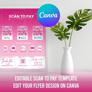 PINK Scan To Pay, Editable QR Code Sign, Printable Payment Sign, Scan To Pay Sign, Scan To Paypal, Venmo, CashApp, Canva template